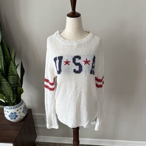 Grayson Threads Knit White USA Sweater with Red and Blue Accents